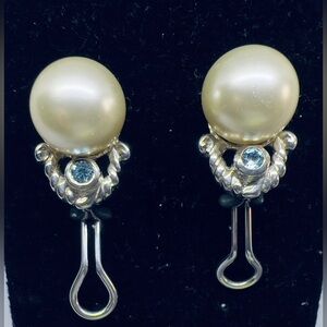 Judith Ripka 925 Sterling Silver 12mm Pearl Blue Topaz Earrings Omega Post Back